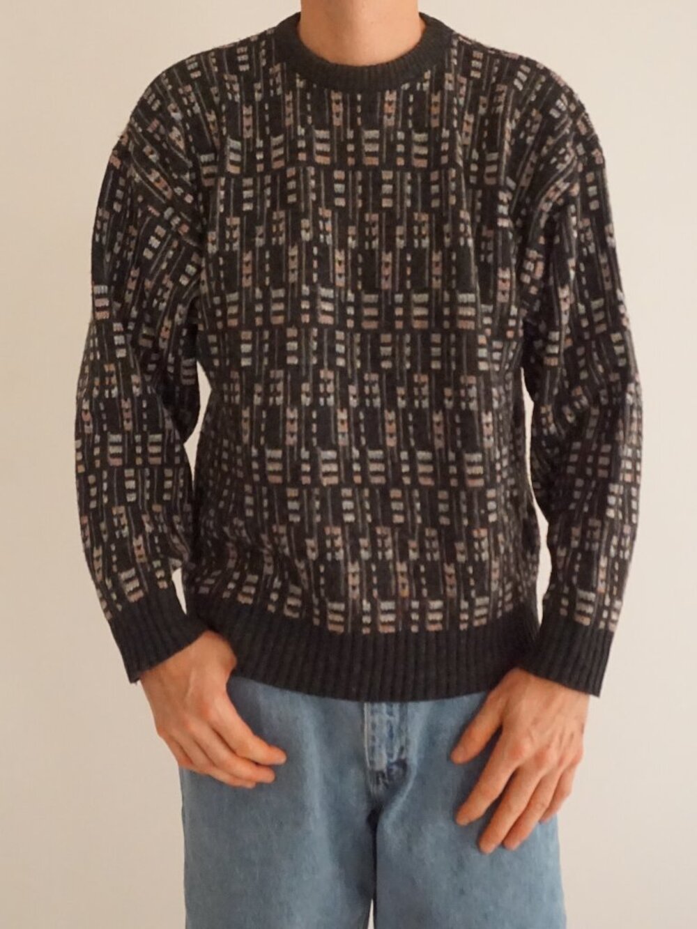 Vintage Sequel Ltd Charcoal Gray Mauve Geometric Abstract US Made Wool Sweater L